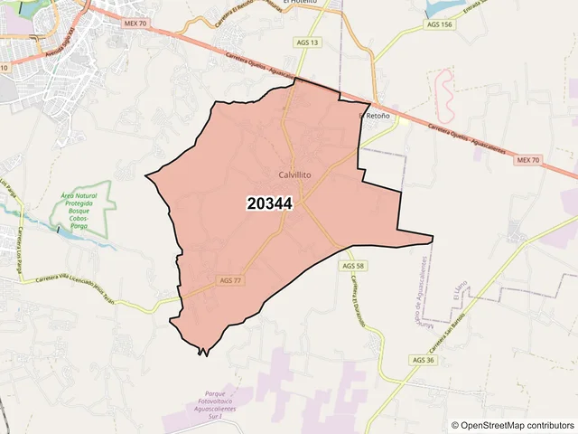 Mapa del código postal 20344, Aguascalientes, Aguascalientes