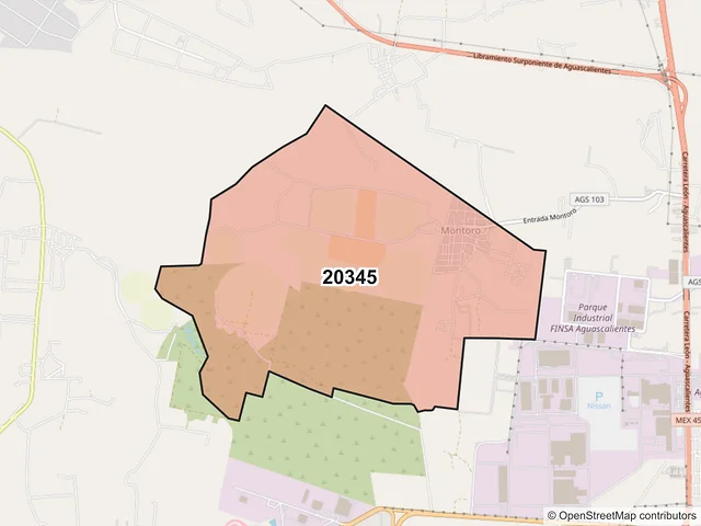 Mapa del código postal 20345, Aguascalientes, Aguascalientes