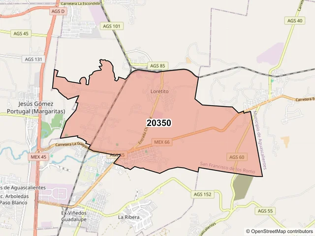 Mapa del código postal 20350, San Francisco de los Romo, Aguascalientes