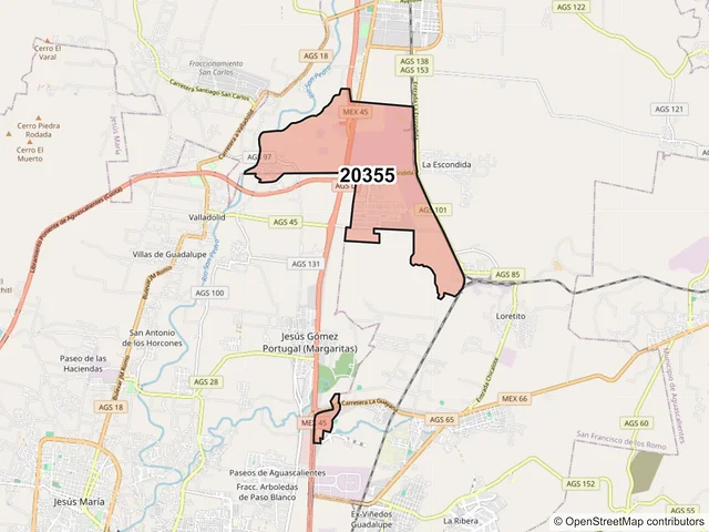Mapa del código postal 20355, San Francisco de los Romo, Aguascalientes