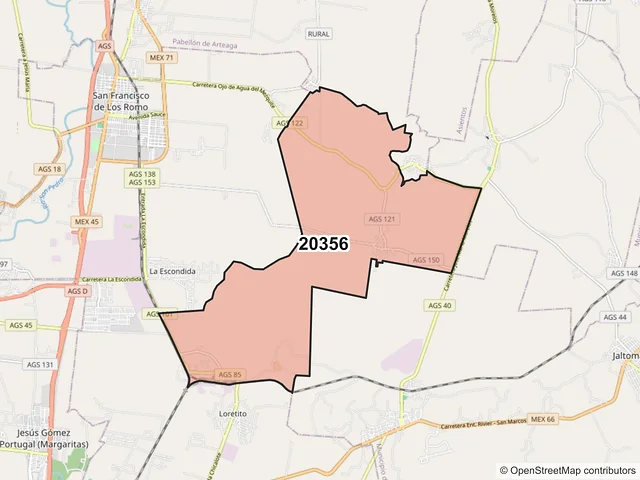 Mapa del código postal 20356, San Francisco de los Romo, Aguascalientes