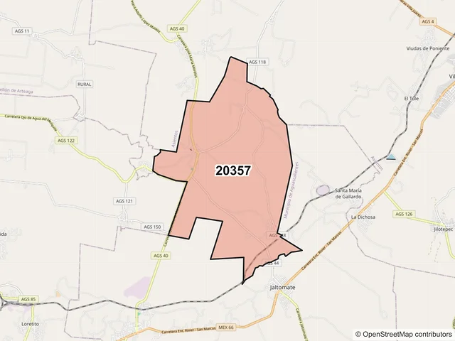 Mapa del código postal 20357, San Francisco de los Romo, Aguascalientes