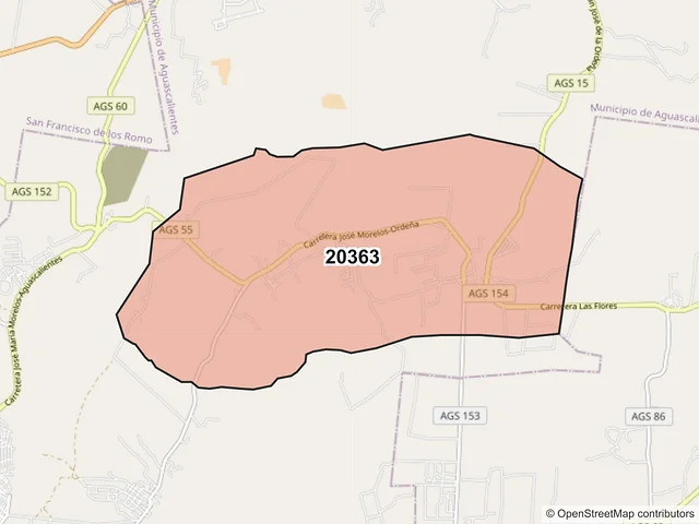 Mapa del código postal 20363, Aguascalientes, Aguascalientes