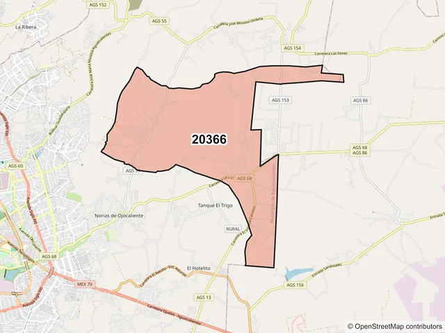 Mapa del código postal 20366, Aguascalientes, Aguascalientes