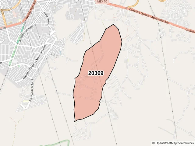 Mapa del código postal 20369, Aguascalientes, Aguascalientes