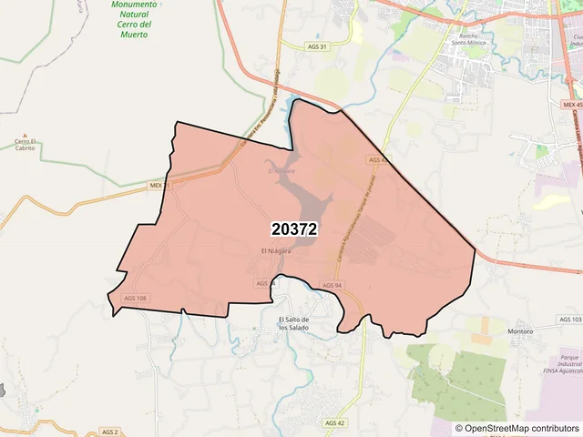 Mapa del código postal 20372, Aguascalientes, Aguascalientes