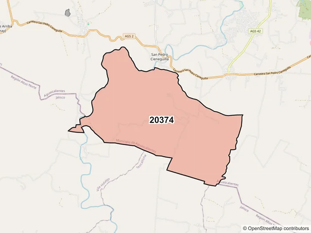 Mapa del código postal 20374, Aguascalientes, Aguascalientes