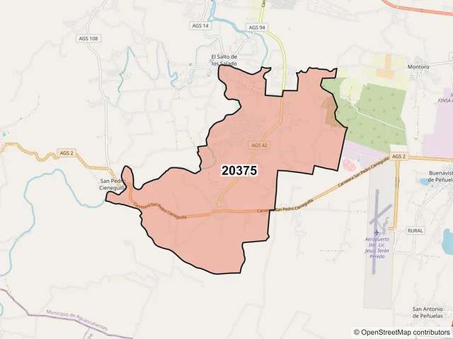 Mapa del código postal 20375, Aguascalientes, Aguascalientes