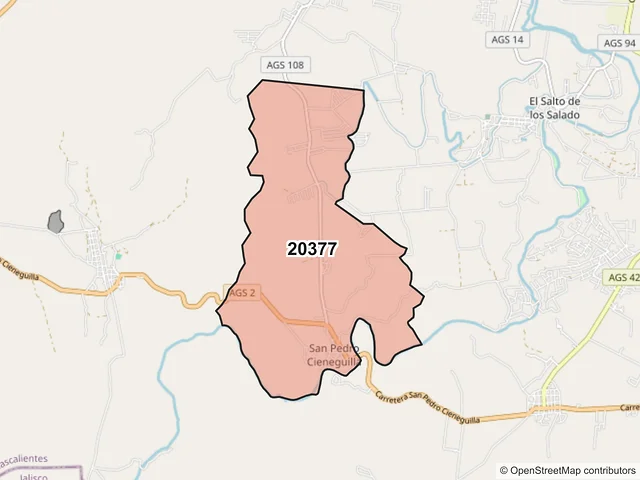 Mapa del código postal 20377, Aguascalientes, Aguascalientes