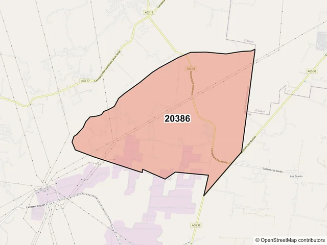 Mapa del código postal 20386, Aguascalientes, Aguascalientes