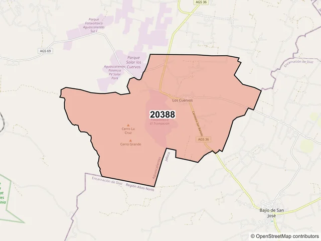 Mapa del código postal 20388, Aguascalientes, Aguascalientes