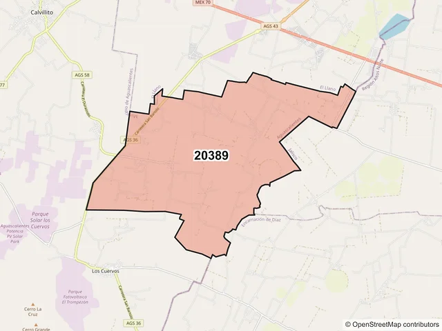 Mapa del código postal 20389, Aguascalientes, Aguascalientes