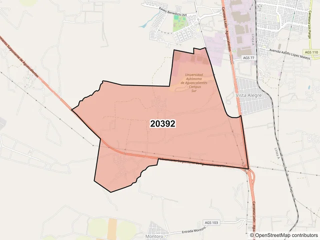 Mapa del código postal 20392, Aguascalientes, Aguascalientes