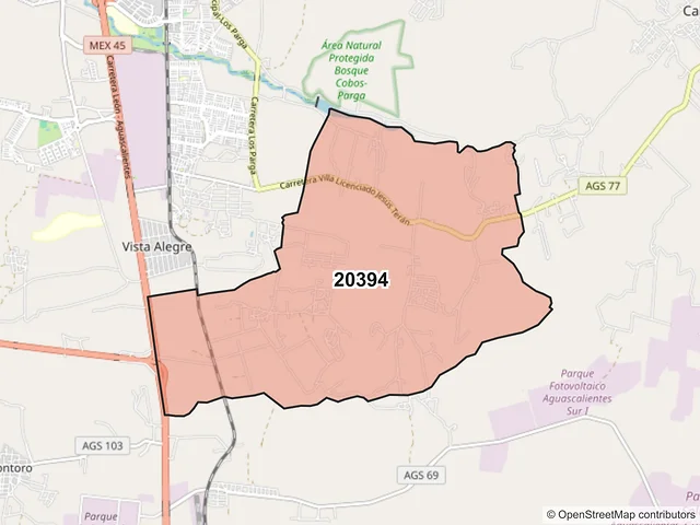 Mapa del código postal 20394, Aguascalientes, Aguascalientes