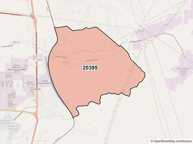Mapa del código postal 20395, Aguascalientes, Aguascalientes