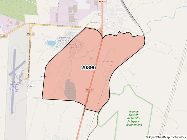 Mapa del código postal 20396, Aguascalientes, Aguascalientes