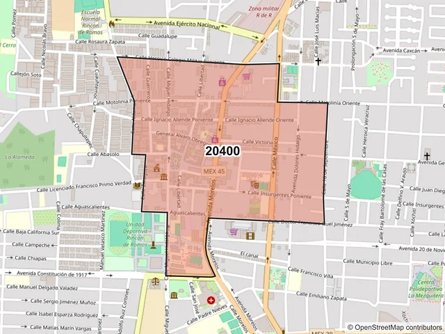 Mapa del código postal 20400, Rincón de Romos, Aguascalientes