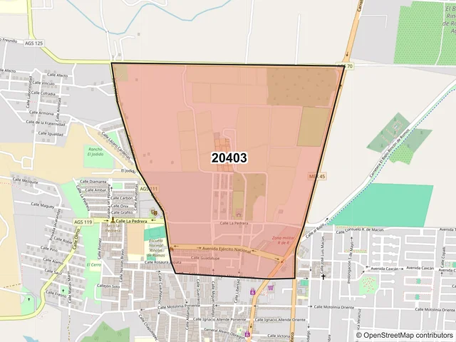 Mapa del código postal 20403, Rincón de Romos, Aguascalientes