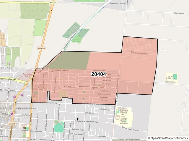 Mapa del código postal 20404, Rincón de Romos, Aguascalientes