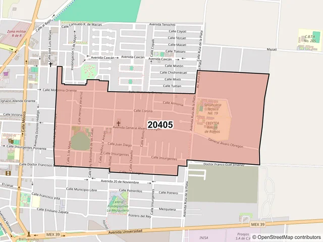 Mapa del código postal 20405, Rincón de Romos, Aguascalientes