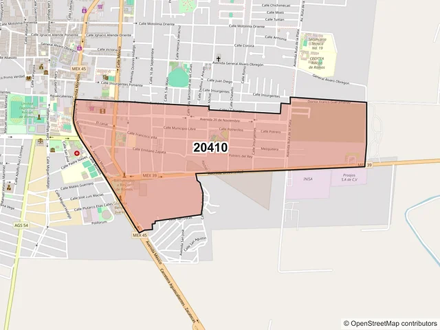 Mapa del código postal 20410, Rincón de Romos, Aguascalientes