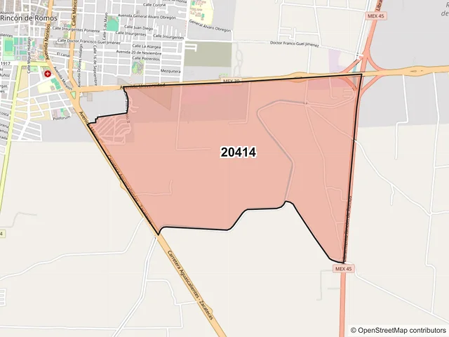 Mapa del código postal 20414, Rincón de Romos, Aguascalientes