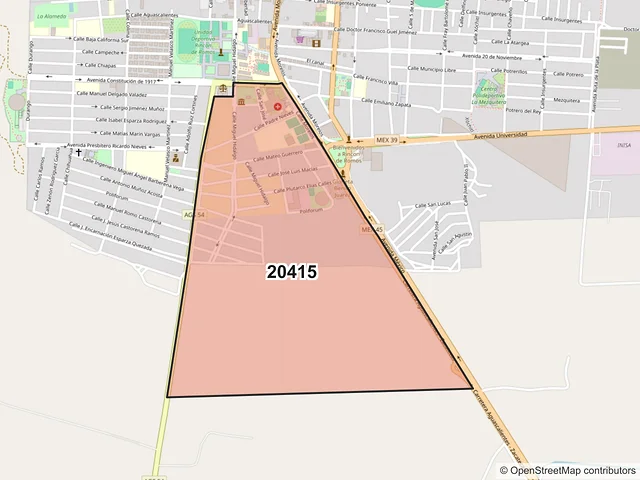 Mapa del código postal 20415, Rincón de Romos, Aguascalientes