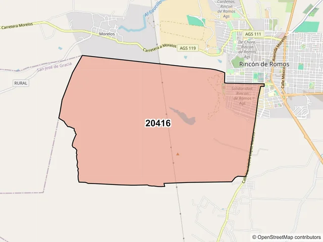 Mapa del código postal 20416, Rincón de Romos, Aguascalientes