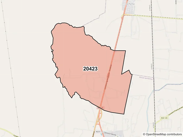 Mapa del código postal 20423, Rincón de Romos, Aguascalientes