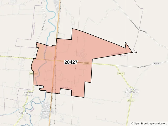 Mapa del código postal 20427, Rincón de Romos, Aguascalientes