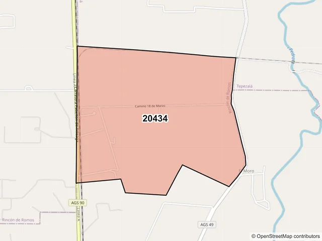 Mapa del código postal 20434, Rincón de Romos, Aguascalientes