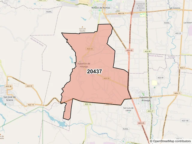 Mapa del código postal 20437, Rincón de Romos, Aguascalientes