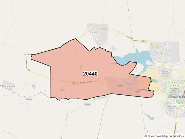 Mapa del código postal 20440, Rincón de Romos, Aguascalientes