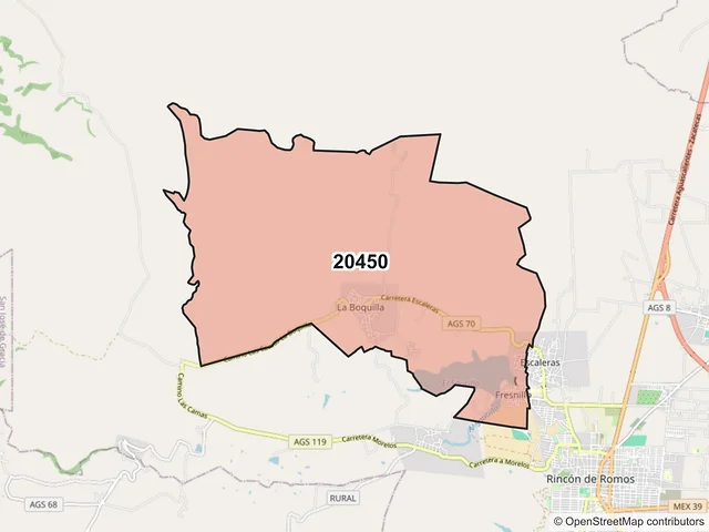 Mapa del código postal 20450, Rincón de Romos, Aguascalientes