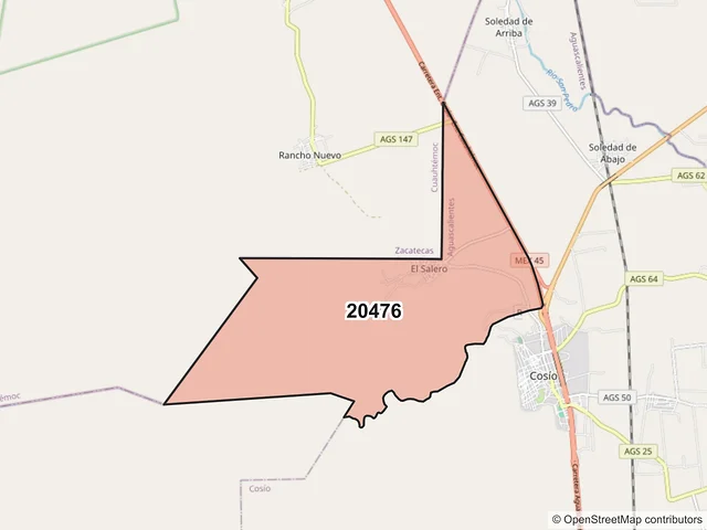 Mapa del código postal 20476, Cosío, Aguascalientes