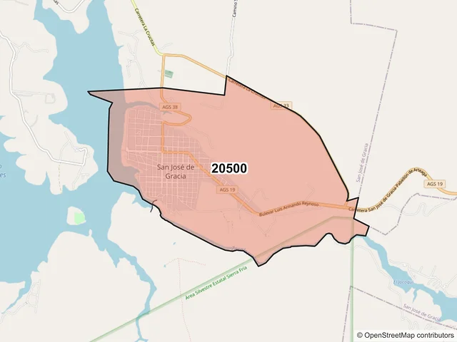 Mapa del código postal 20500, San José de Gracia, Aguascalientes
