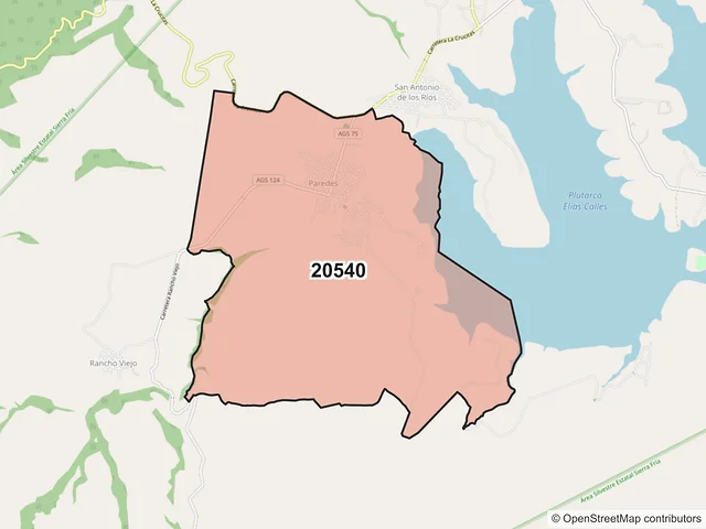 Mapa del código postal 20540, San José de Gracia, Aguascalientes