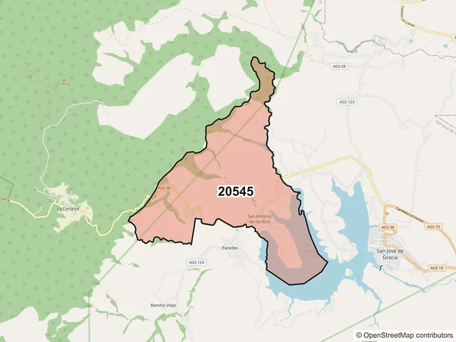 Mapa del código postal 20545, San José de Gracia, Aguascalientes