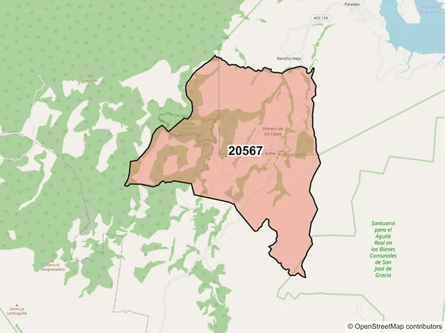 Mapa del código postal 20567, San José de Gracia, Aguascalientes