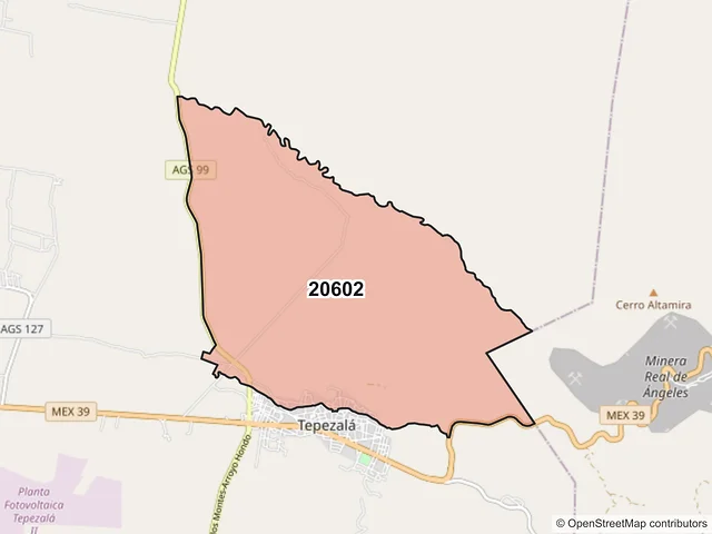 Mapa del código postal 20602, Tepezalá, Aguascalientes
