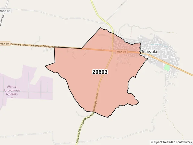 Mapa del código postal 20603, Tepezalá, Aguascalientes