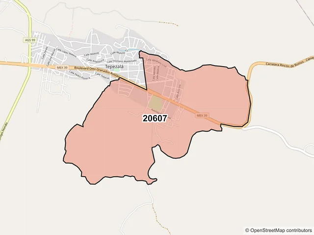 Mapa del código postal 20607, Tepezalá, Aguascalientes