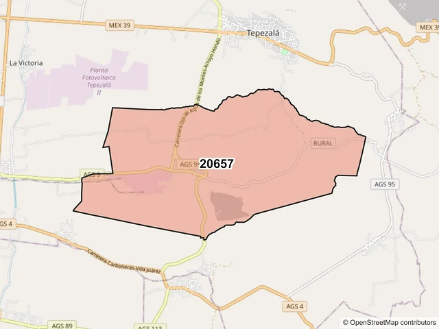 Mapa del código postal 20657, Tepezalá, Aguascalientes