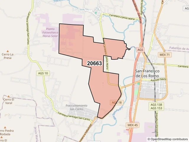 Mapa del código postal 20663, Pabellón de Arteaga, Aguascalientes