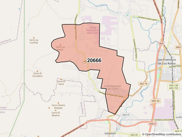 Mapa del código postal 20666, Pabellón de Arteaga, Aguascalientes