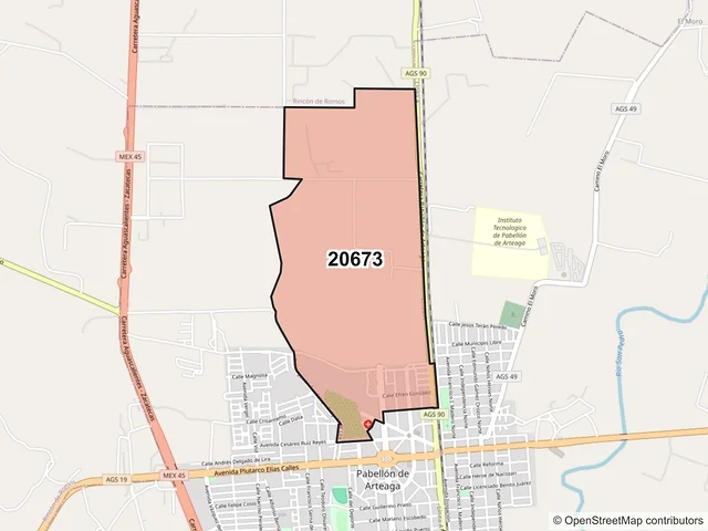 Mapa del código postal 20673, Pabellón de Arteaga, Aguascalientes