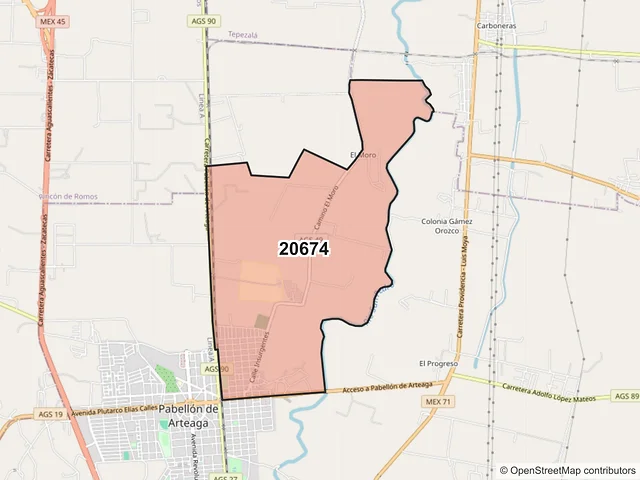 Mapa del código postal 20674, Pabellón de Arteaga, Aguascalientes