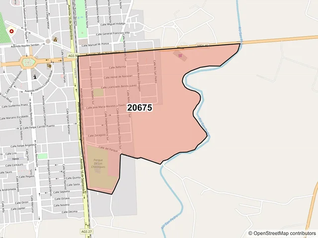 Mapa del código postal 20675, Pabellón de Arteaga, Aguascalientes