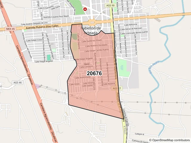 Mapa del código postal 20676, Pabellón de Arteaga, Aguascalientes