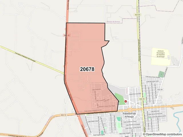 Mapa del código postal 20678, Pabellón de Arteaga, Aguascalientes